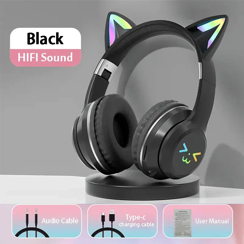 Flash Light Pink Cute Cat Ear Headphones Wireless Bluetooth Earphone Over-ear Noise Cancelling Folding Headset Girl Gift Earbuds