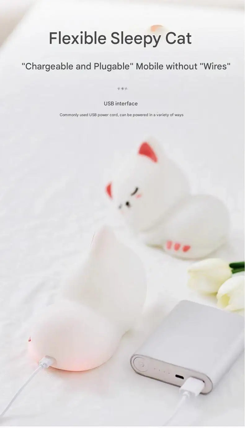 7 Colors Timer Kid Night Light Silicone Nightlight Baby Nursery Rechargeable Cute Cat Lamp For Birthday Gift Kawaii Kitten Decor