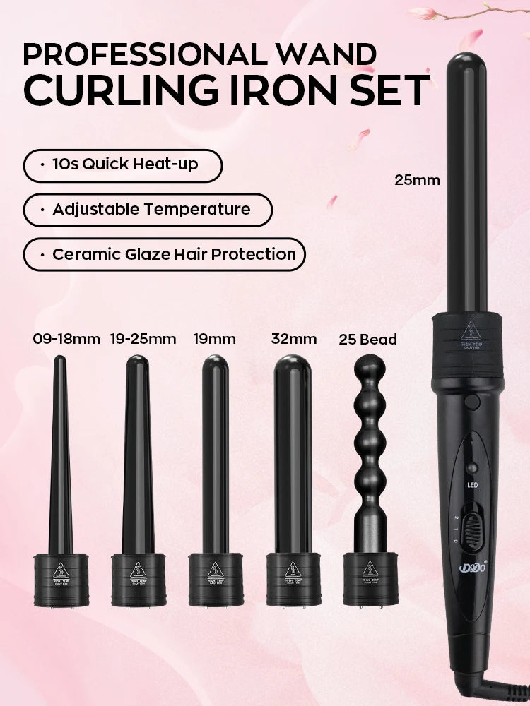 Interchangeable Curling Wand Set with Adjustable Temperature & PTC Heater Professional Hair Curling Iron for Salon Home Travel