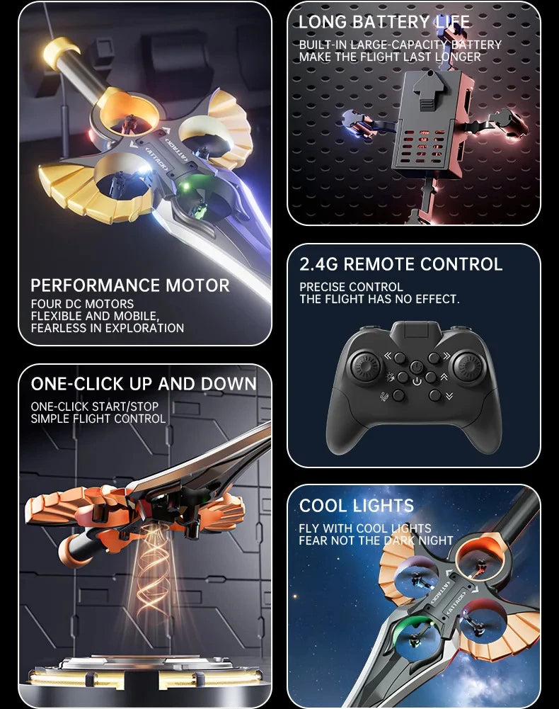 RC Flying Sword Glider Drone with Hand Wave & Controller Mode, 3-Speed Stunt Plane for Kids,Teens & Adults,LED Lights,Aerial Fun