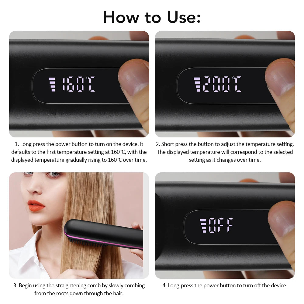 NEW Electric Ceramic Heating Straight Hair Comb Wireless Portable Negative Ion Styling Tool Rechargeable USB Straightening Brush