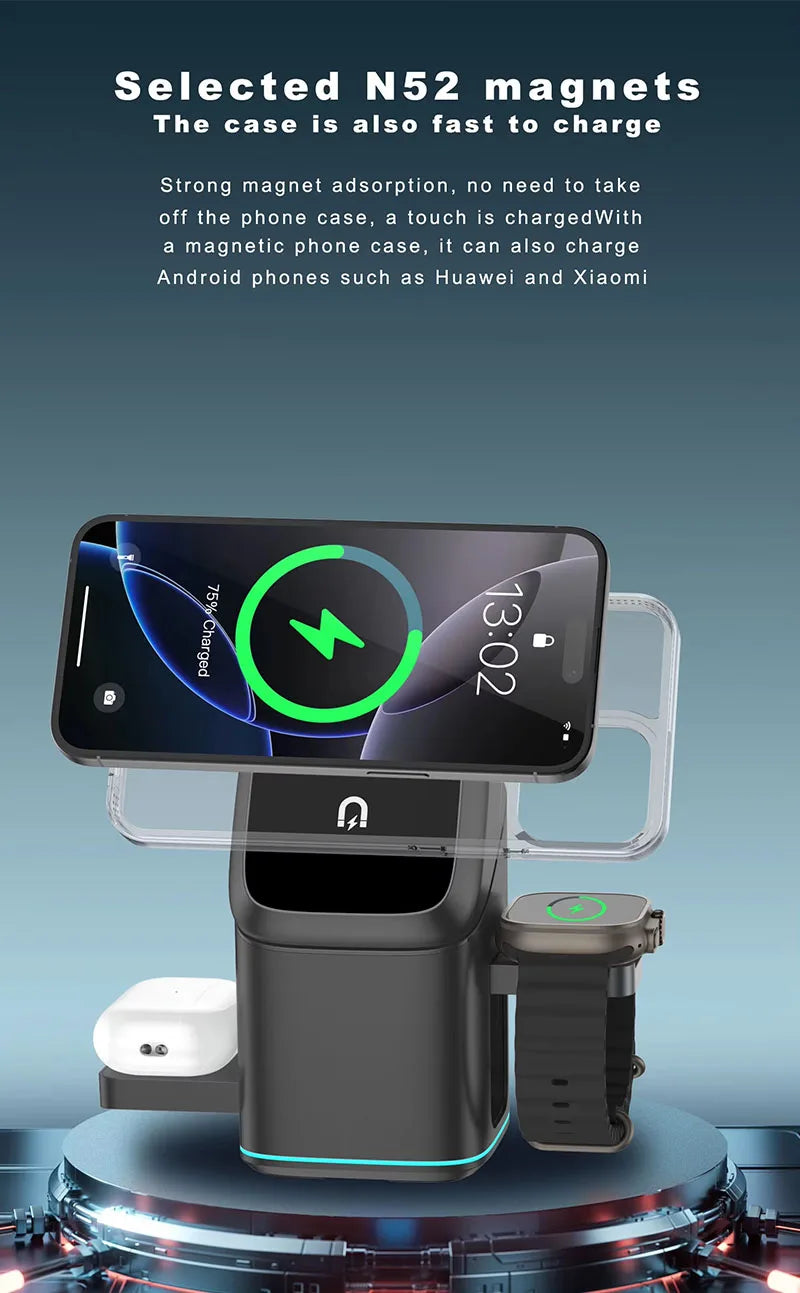 2025 Newest Universal Magnetic Charging Stand 30W Cube Rotational 3 in 1 Touch Auto Rotation Wireless Charger With Light