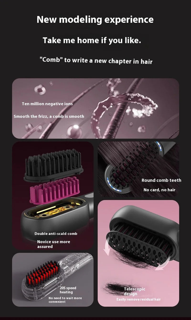 Wireless Straight Curling Hair Comb Heating Negative Ion Hair Straightener Rechargeable Anti-scalding Electric Hair Care Brushes