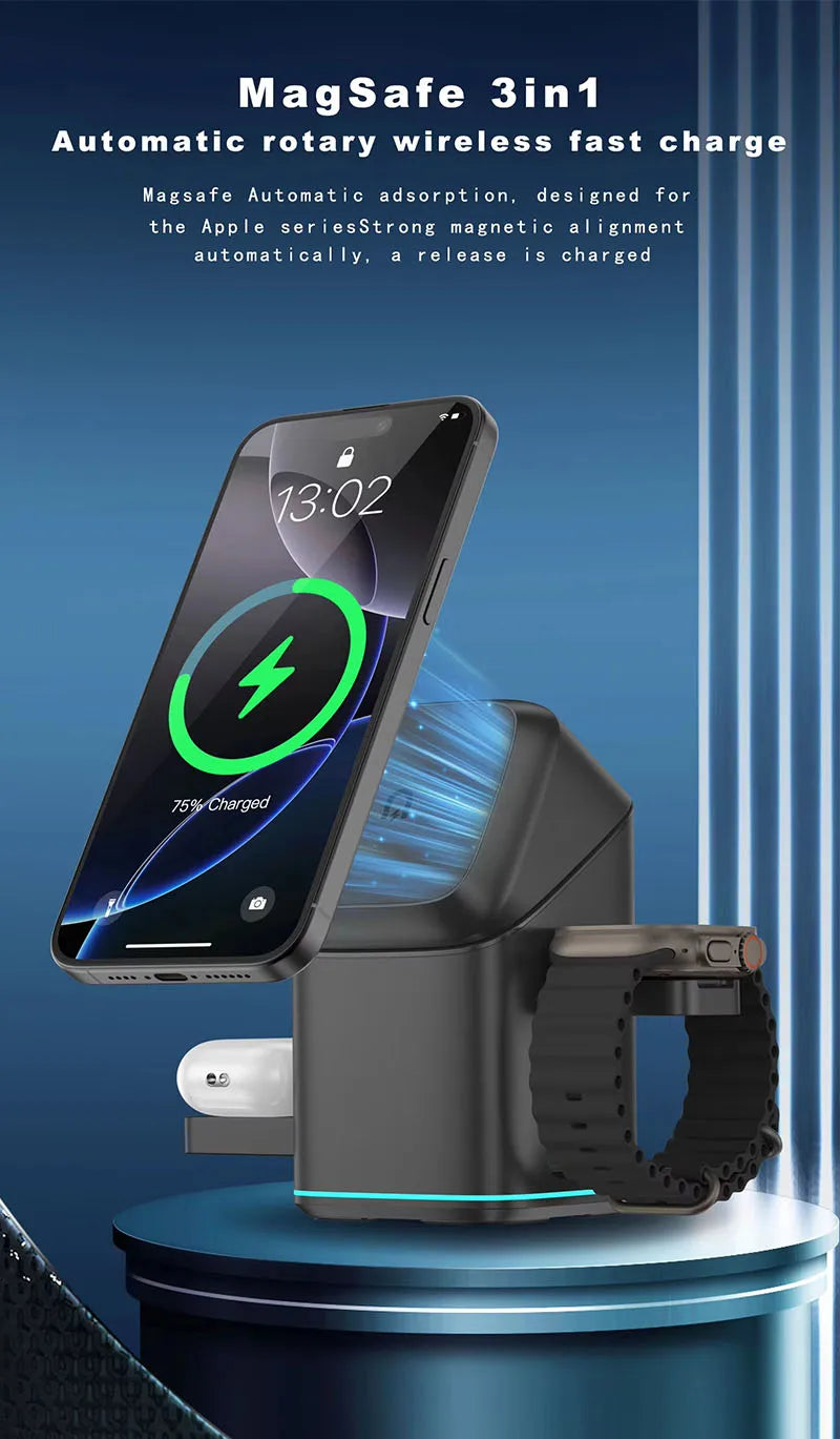 2025 Newest Universal Magnetic Charging Stand 30W Cube Rotational 3 in 1 Touch Auto Rotation Wireless Charger With Light