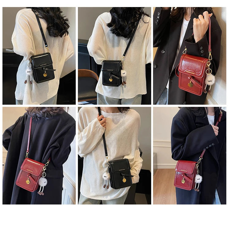 Women's Burgundy Crossbody Bag 2025 Fashion New PU Leather Square Texture Glossy Shoulder Packs Versatile Phone Lipstick Bags