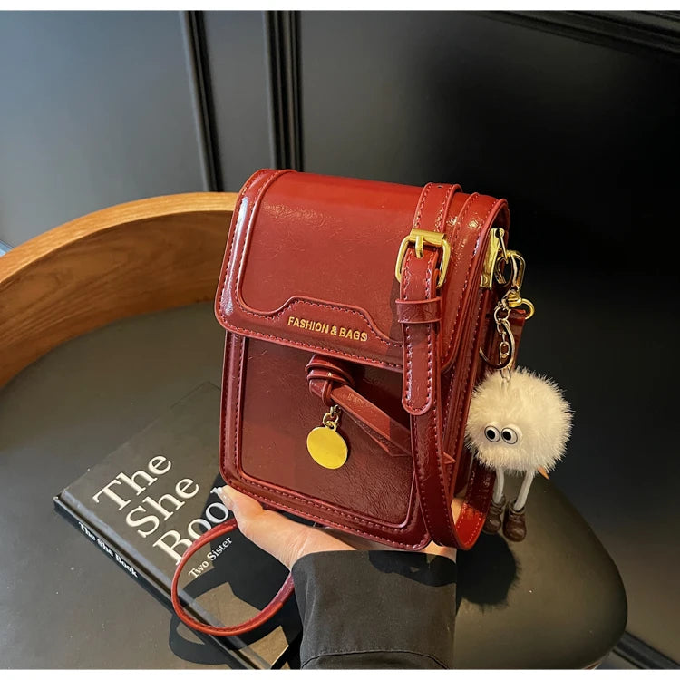 Women's Burgundy Crossbody Bag 2025 Fashion New PU Leather Square Texture Glossy Shoulder Packs Versatile Phone Lipstick Bags