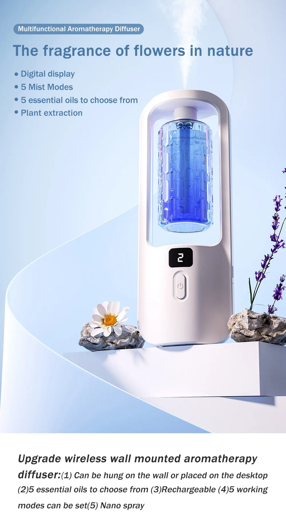 Automatic aromatherapy diffuser for eliminating odors, suitable for household use, with essential oil for air freshening.