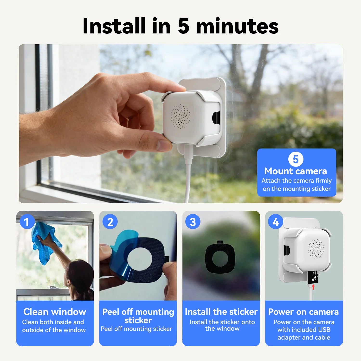5MP Window Camera 5GHz WiFi Indoor Cameras For Home Security Color Night Vision Motion Detection 24/7 Recording Quick Install