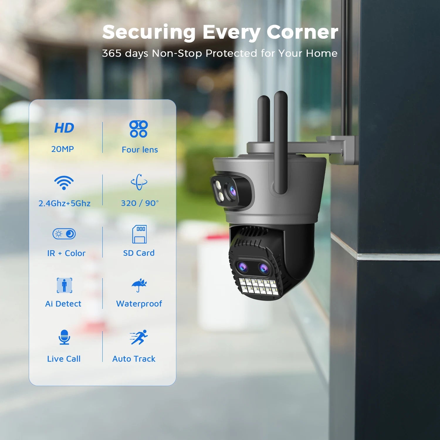 20MP Outdoors Wifi Camera 10K HD Three Lens Security 5G PTZ IP Camera 10X Digital Zoom Lens Human AI Auto Detect Tracking Camera