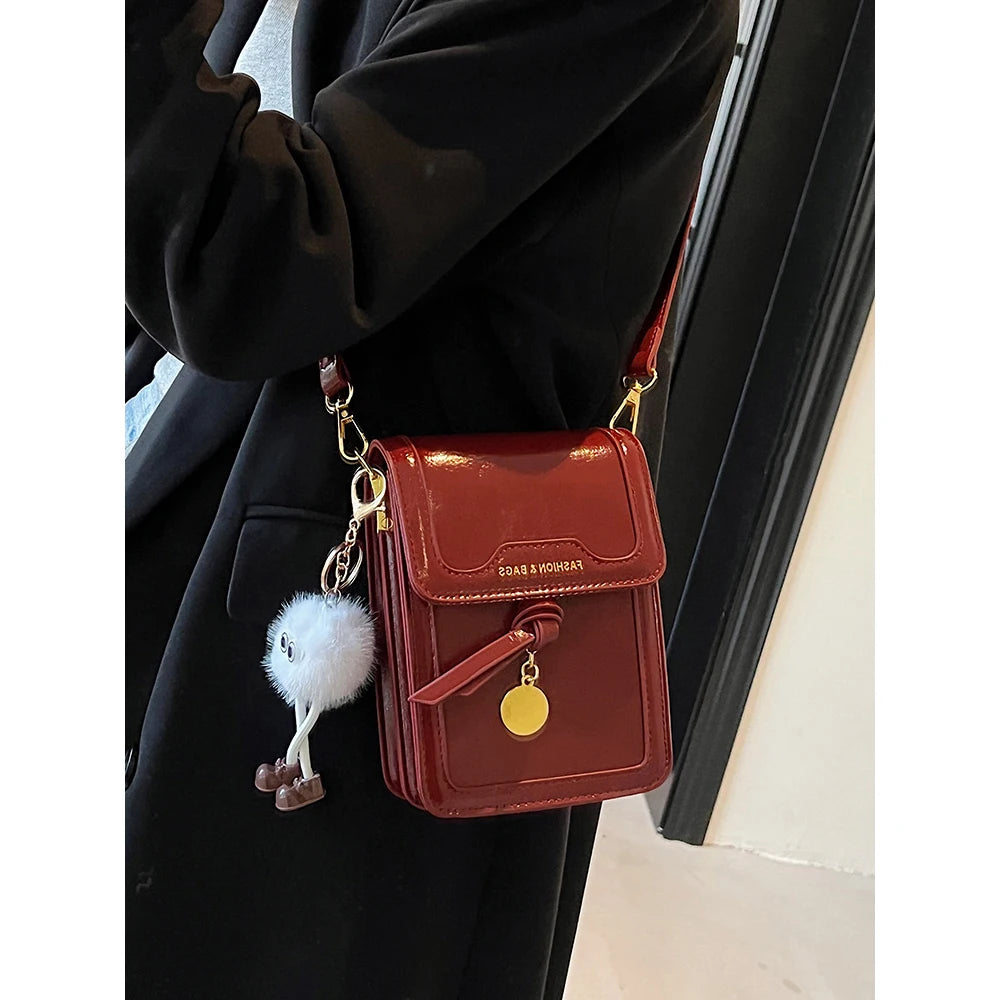 Women's Burgundy Crossbody Bag 2025 Fashion New PU Leather Square Texture Glossy Shoulder Packs Versatile Phone Lipstick Bags