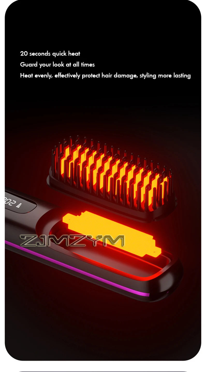 20Seconds Quick Heat Hair Straighter Liquid Crystal Cordless Straight Comb Anti-Scald Styling Brush Negative Ion Curly Hair Tool