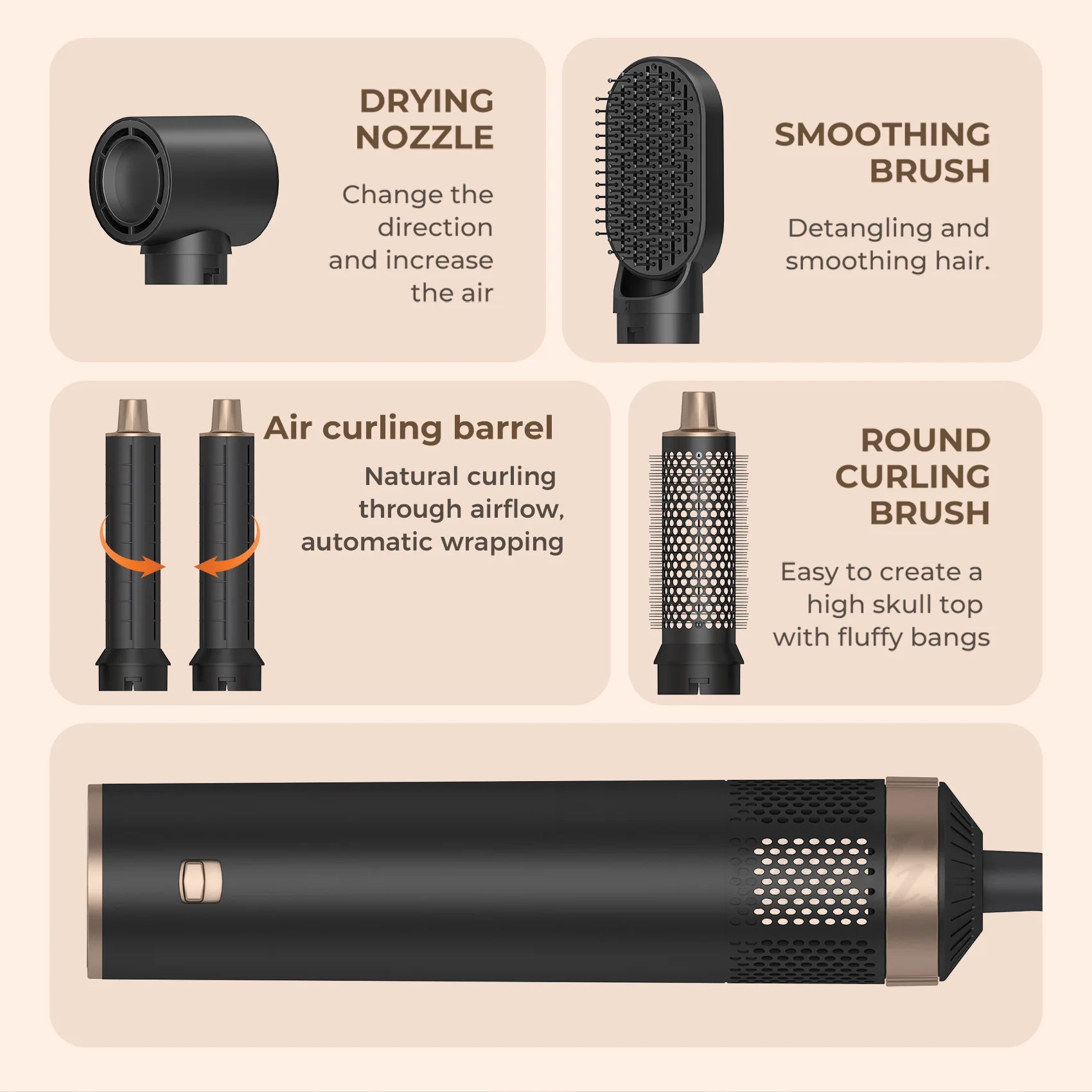 5-in-1 Air Blower Brush Hair Styler Ionic Hot Air Brush Curler & Straightener 1000W Detachable Heads Diffuser Salons Hair Tools
