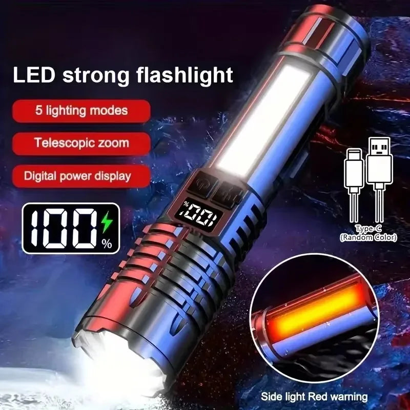 High Power LED Flashlight Powerful TYPE-C Rechargeable COB Flashlight With Side Light Torch For Outdoor Camping Hiking