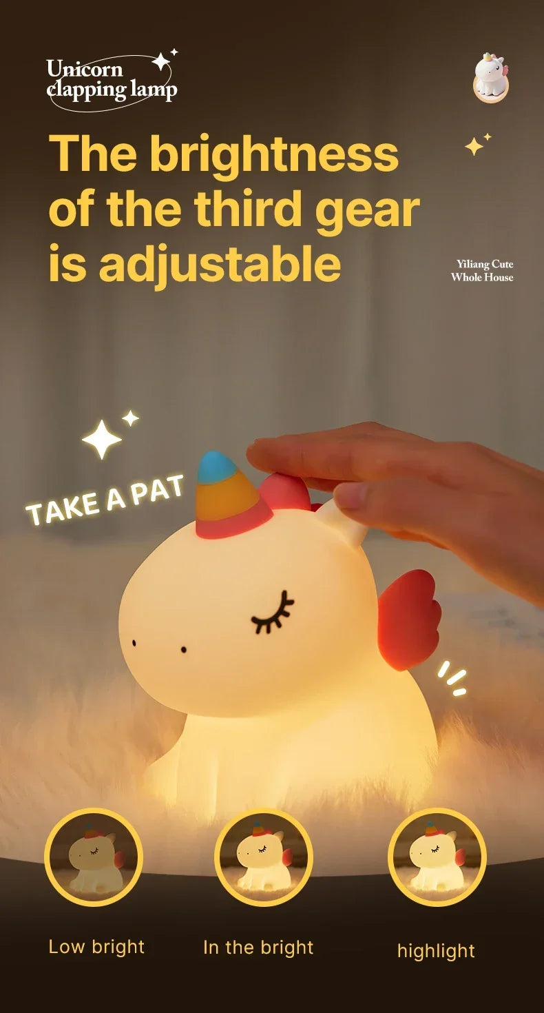 Cartoon Unicorn Night Lamp Soft Silicone Pat Light Warm Light Eye Protection Night Reading Lamp Desktop Kid's Room Decoration