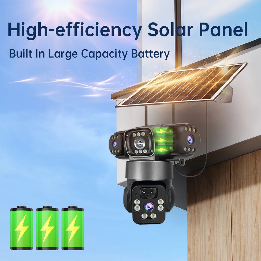WiFi Solar Camera Three Lenses Outdoor 15MP 8K HD Low Power Battery IP Camera PIR Night Vision V380 Pro CCTV Security Protection