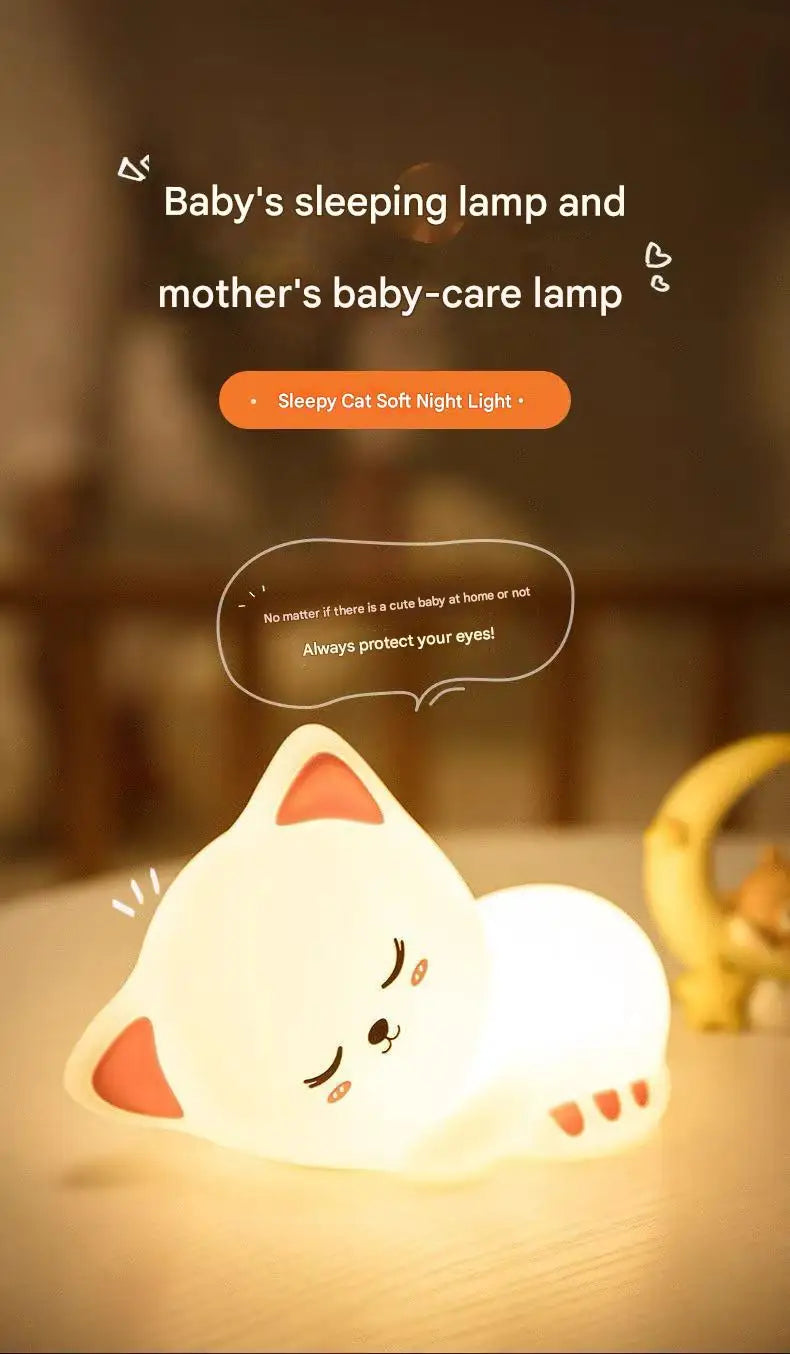 7 Colors Timer Kid Night Light Silicone Nightlight Baby Nursery Rechargeable Cute Cat Lamp For Birthday Gift Kawaii Kitten Decor