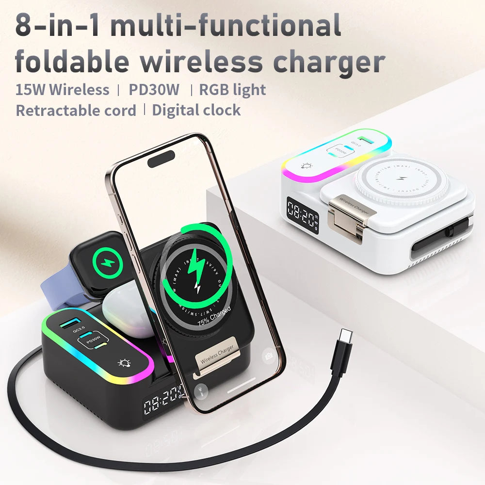 15W Wireless Fast Charging Versatile MagSafe Wireless Charger With Retractable Cable Digital Clock and Folding Stand
