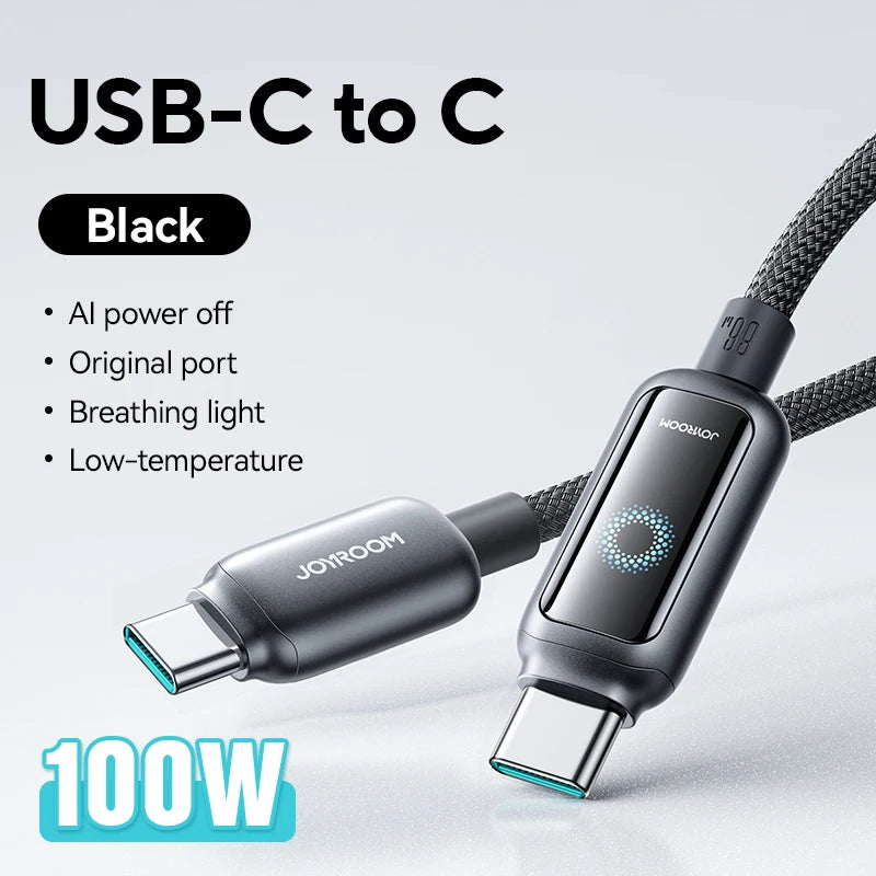Joyroom 100W USB C Cable Automatic Power Off Fast Charge Type C Cable For iPhone 16 15 Pro Max  Xiaomi Sumsang Huawei