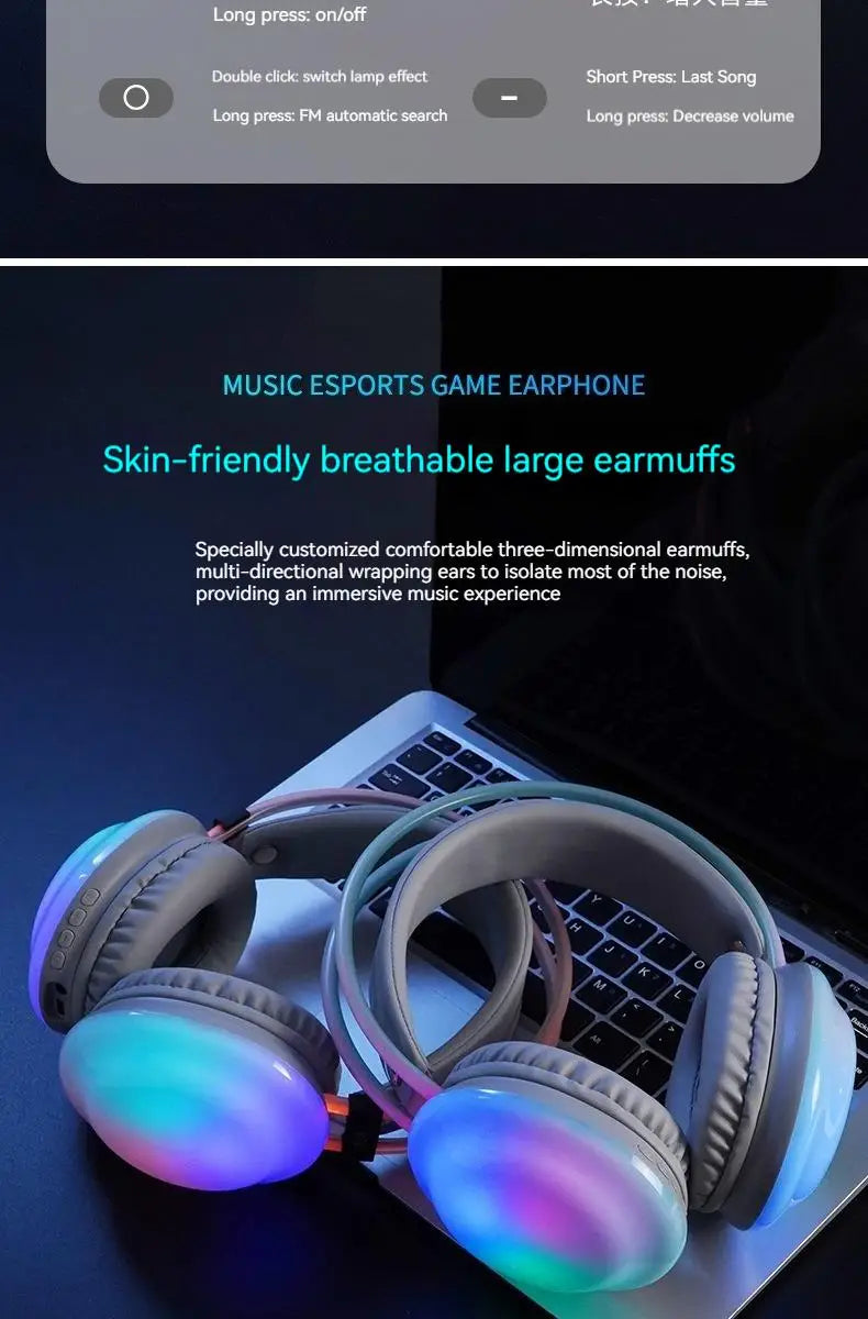 Gamer Wireless Bluetooth Headphones RGB Flowing Colorful Lamp Head Earphone Hifi Stereo Noise Reduction Gaming Headsets With Mic