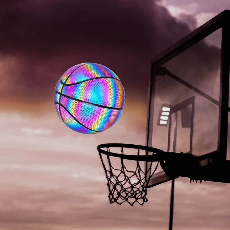 Size 7 PU Luminous Basketball Ball Holographic Reflective Lighted Flash Ball Wear-Resistant Glowing Basketball Night Sports Game