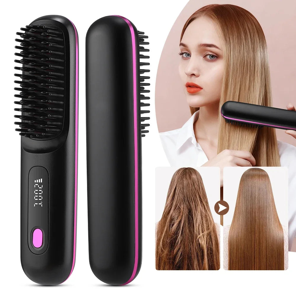 NEW Electric Ceramic Heating Straight Hair Comb Wireless Portable Negative Ion Styling Tool Rechargeable USB Straightening Brush
