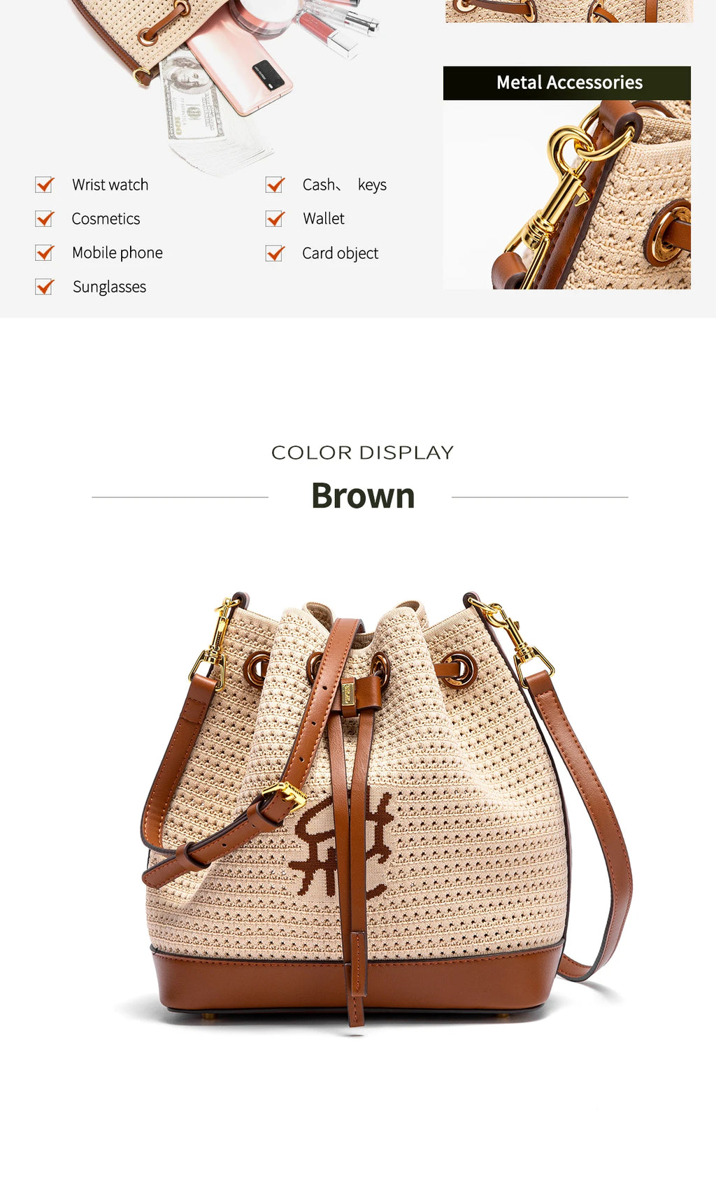 Women's Bucket Bag Vacation Style Women's Shoulder BagSpring New Fabric Splicing Design Handbag