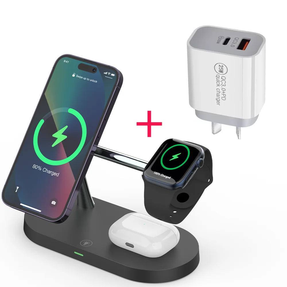 3 in 1 Wireless Charger Stand Magnetic For iPhone 12 13 14 15 Fast Charging Station for Apple Watch 9 8 7 6 5 Airpods 2 3 Pro
