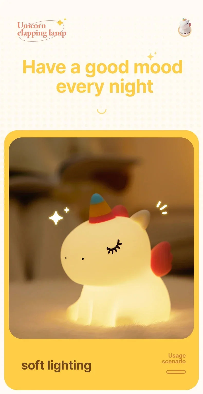 Cartoon Unicorn Night Lamp Soft Silicone Pat Light Warm Light Eye Protection Night Reading Lamp Desktop Kid's Room Decoration