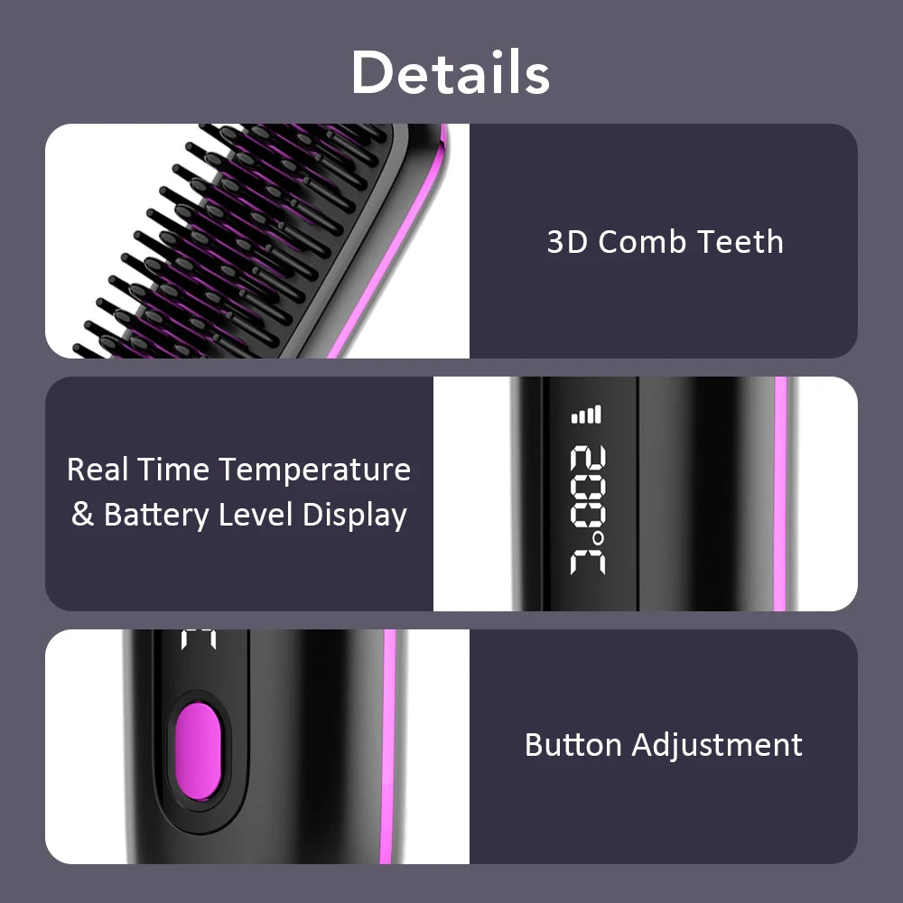 NEW Electric Ceramic Heating Straight Hair Comb Wireless Portable Negative Ion Styling Tool Rechargeable USB Straightening Brush