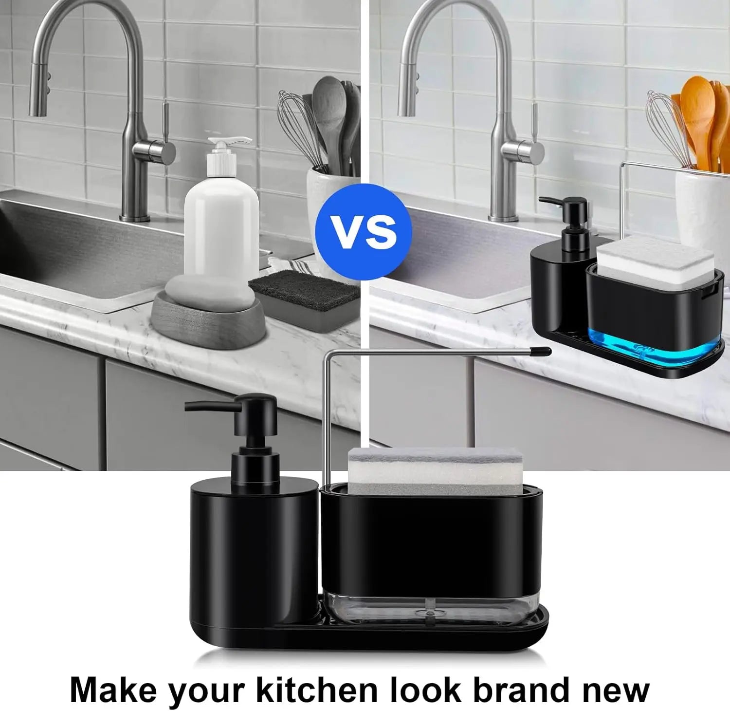 Kitchen Soap Dispenser Set, Kitchen Sink Soap Dispenser, Dish Soap Dispenser with Sponge Rack, Rag Rack and Tray, 4-in-1 Storage