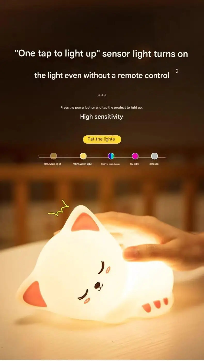 7 Colors Timer Kid Night Light Silicone Nightlight Baby Nursery Rechargeable Cute Cat Lamp For Birthday Gift Kawaii Kitten Decor