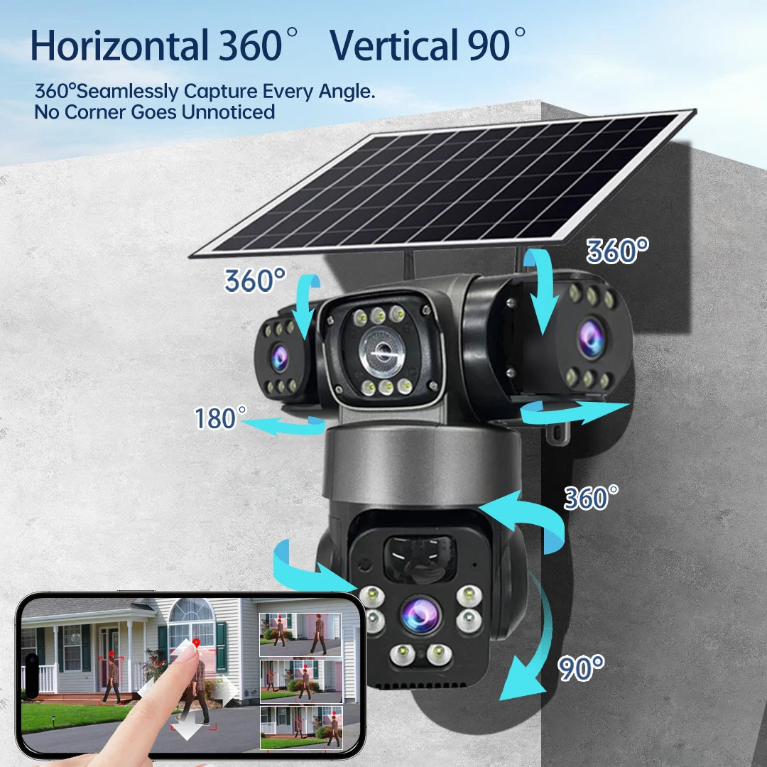 WiFi Solar Camera Three Lenses Outdoor 15MP 8K HD Low Power Battery IP Camera PIR Night Vision V380 Pro CCTV Security Protection