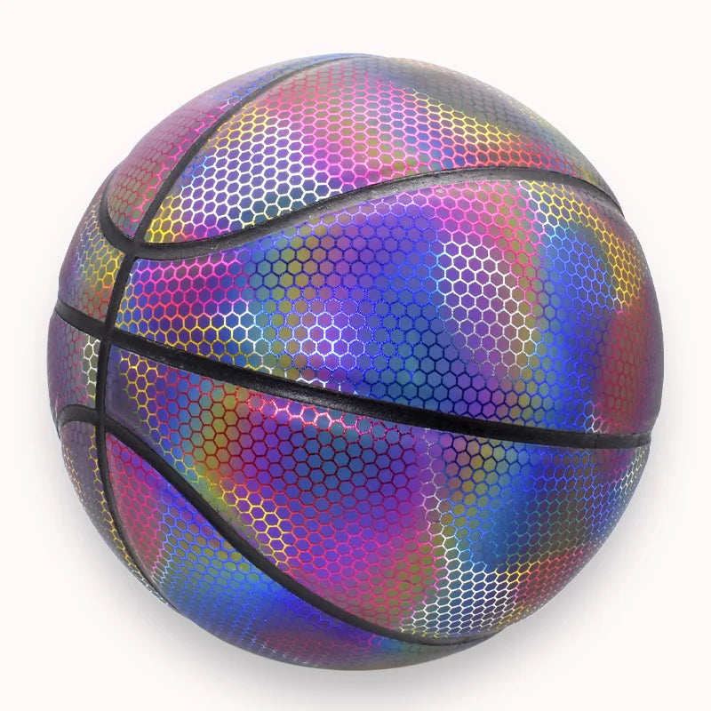 Size 7 PU Luminous Basketball Ball Holographic Reflective Lighted Flash Ball Wear-Resistant Glowing Basketball Night Sports Game