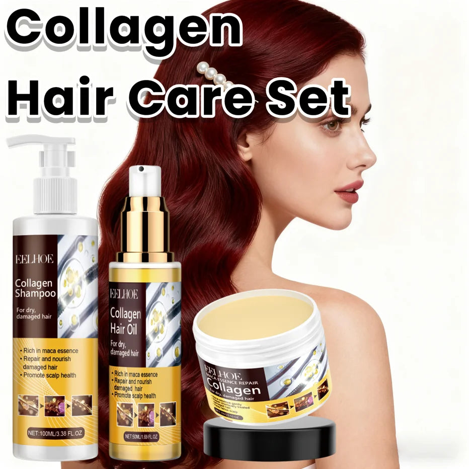 Collagen Shampoo&Mask&Essential Oil Hair Care Set Nourishing Repairing Damaged Dry Frizzy Split Hair Smoothing Shiny Hair Care
