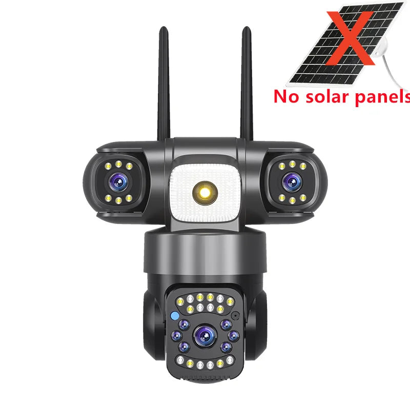 WiFi Solar Camera Three Lenses Outdoor 15MP 8K HD Low Power Battery IP Camera PIR Night Vision V380 Pro CCTV Security Protection