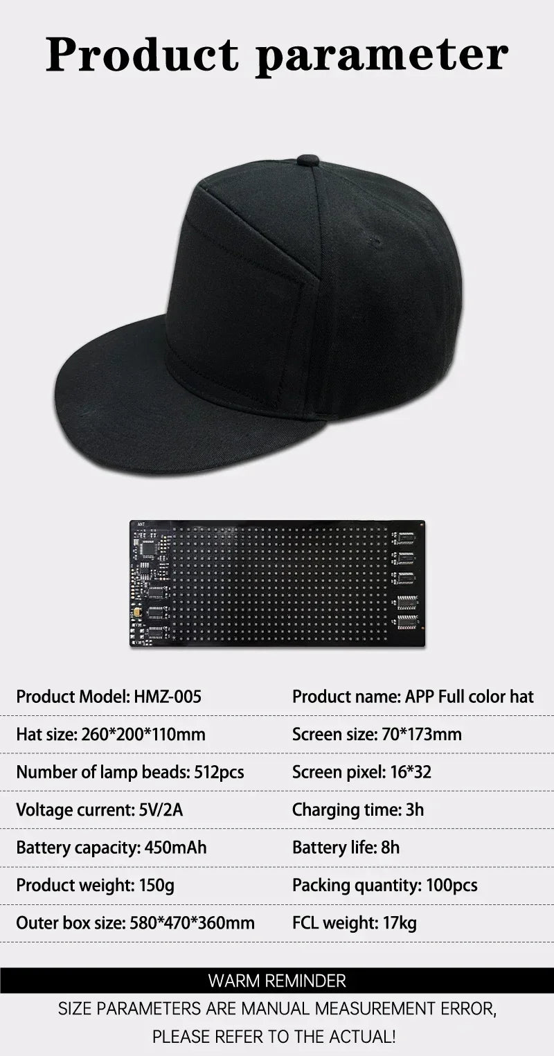 Unisex Baseball Cap 5V USB Rechargeable Bluetooth APP Programmable LED Scrolling DIY Display Board Hip Hop Led Cap Snapback Hat