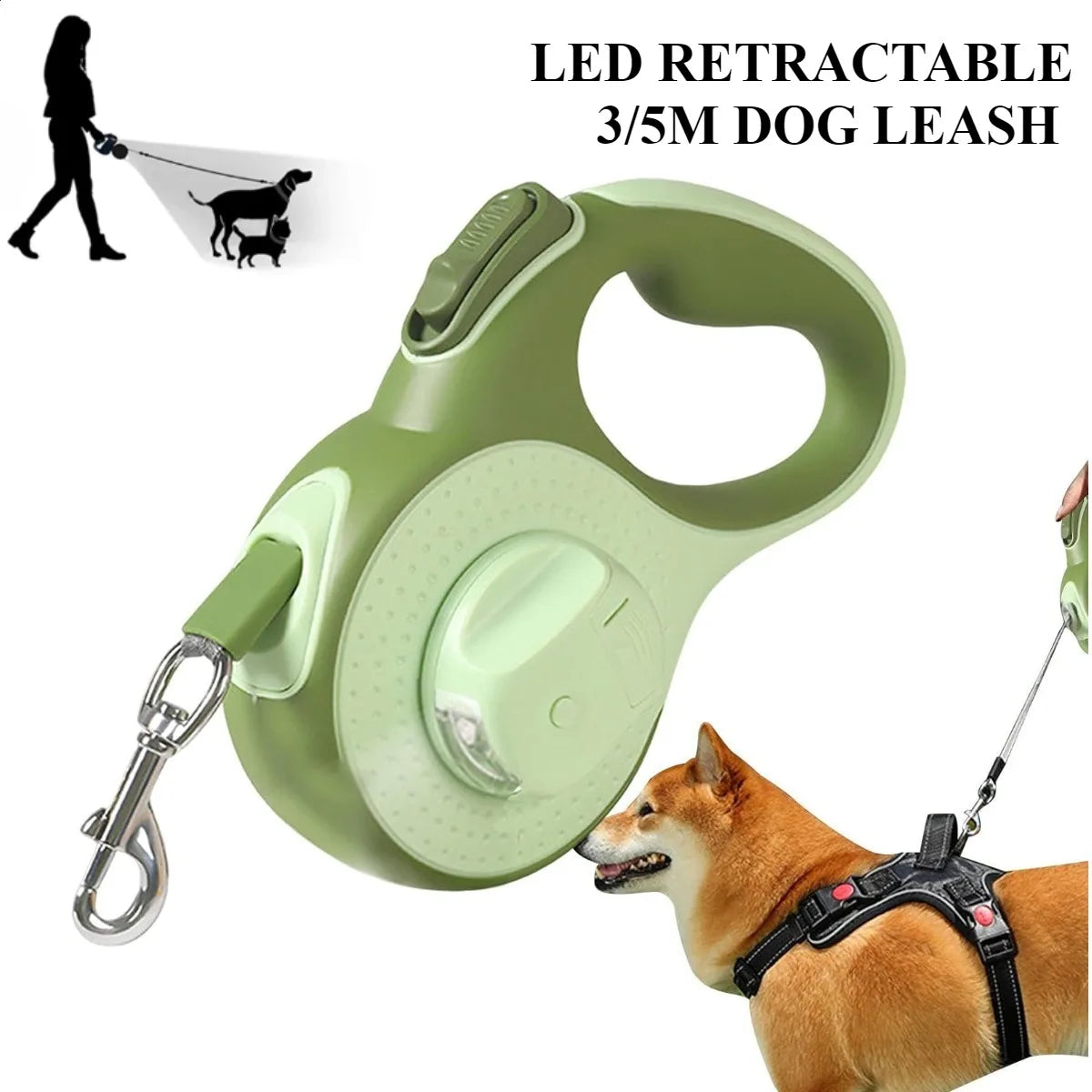 3/5M Automatic Retractable Dog Leash with LED Lights 360°Swivel No Tangle Explosion Proof Nylon Lead for Pet Walking Rope Use