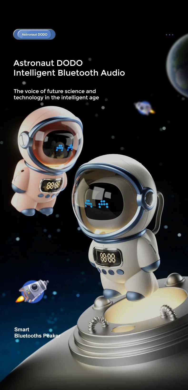 New portable wireless audio speaker, Smart Astronaut Bluetooth speaker with nightlight, FM radio, subwoofer, music speaker