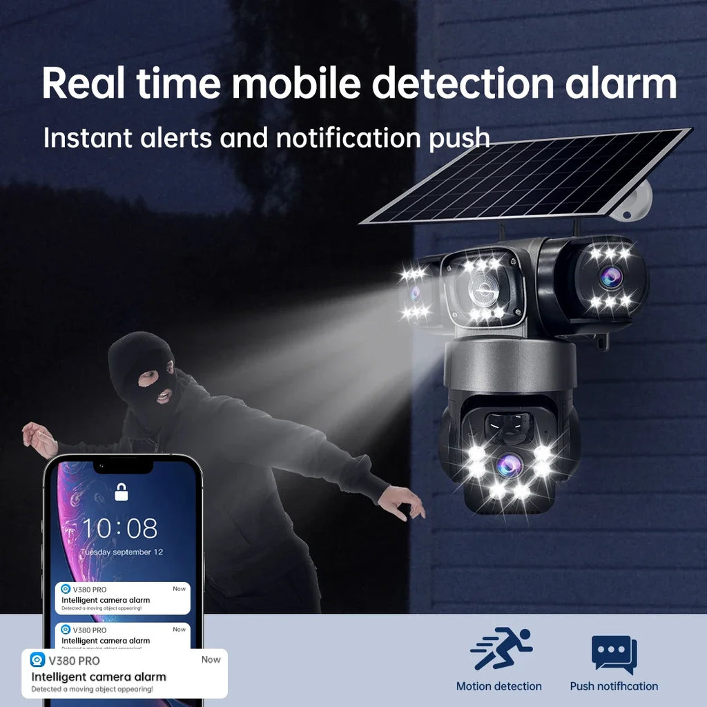 WiFi Solar Camera Three Lenses Outdoor 15MP 8K HD Low Power Battery IP Camera PIR Night Vision V380 Pro CCTV Security Protection