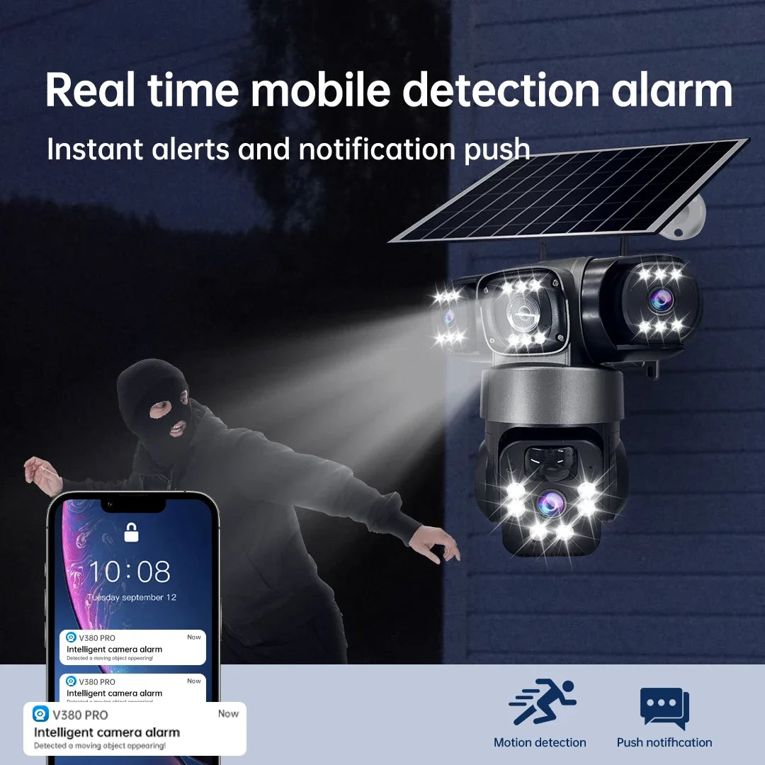 WiFi Solar Camera Three Lenses Outdoor 15MP 8K HD Low Power Battery IP Camera PIR Night Vision V380 Pro CCTV Security Protection