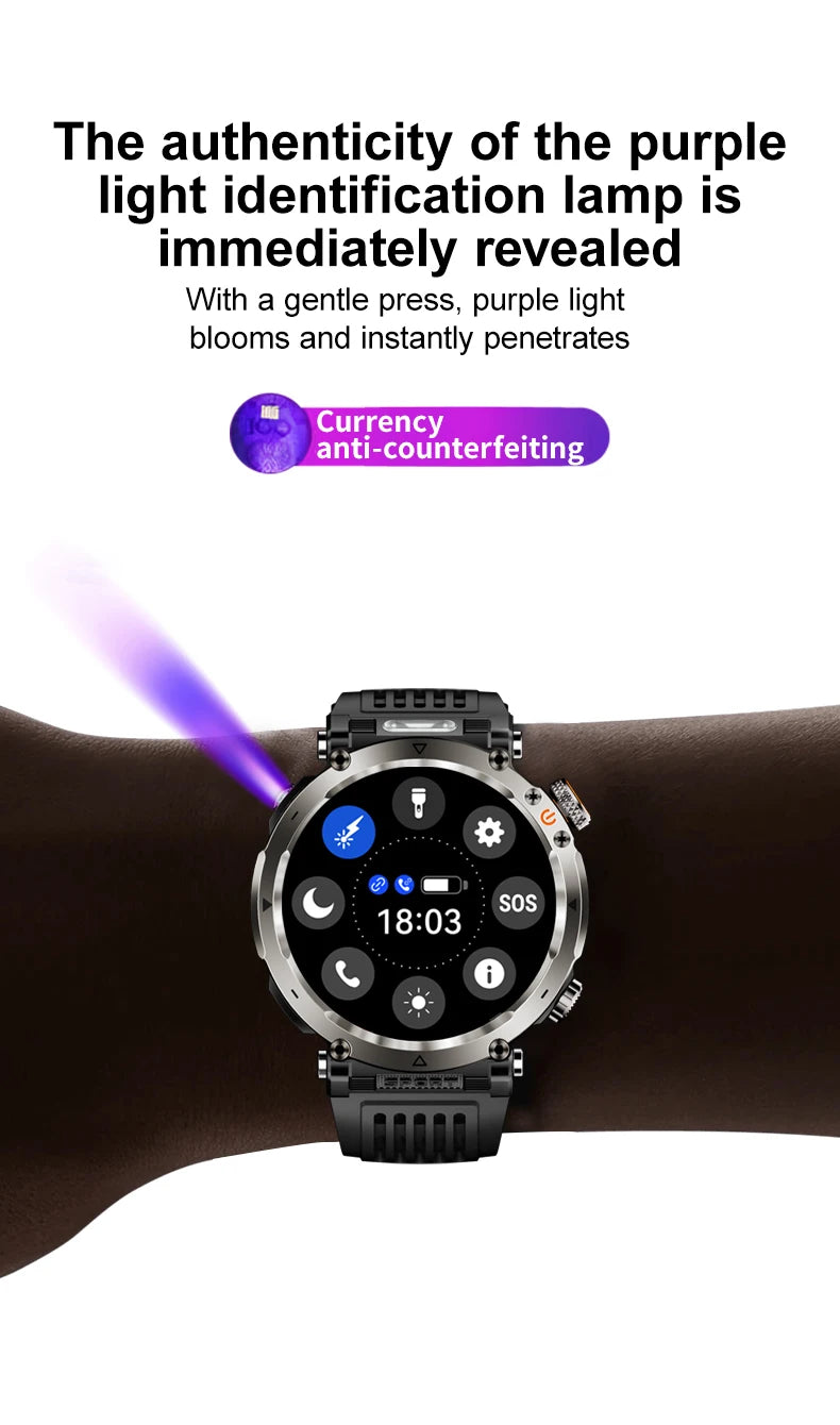 5ATM Outdoor Smart Watch Men 600mAh LED Flashlight SmartWatch Compass Bluetooth call Heart rate IP 68 Sports Smartwatch 2025 New