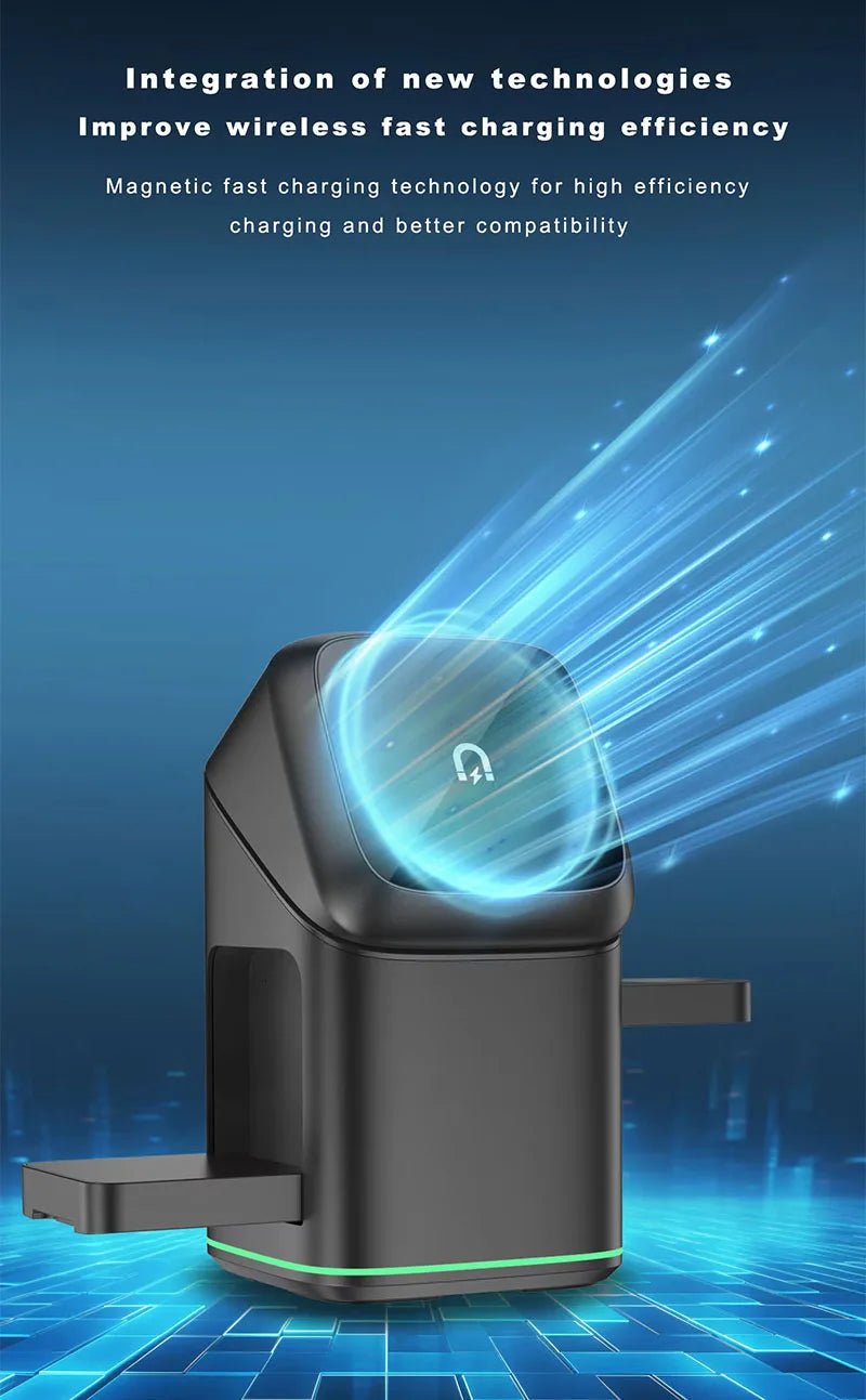 2025 Newest Universal Magnetic Charging Stand 30W Cube Rotational 3 in 1 Touch Auto Rotation Wireless Charger With Light