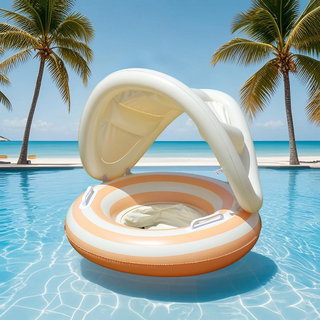 1 Pc Striped Pool Float Ring with Handles, Inflatable Swim Tube with Canopy Sunshade
