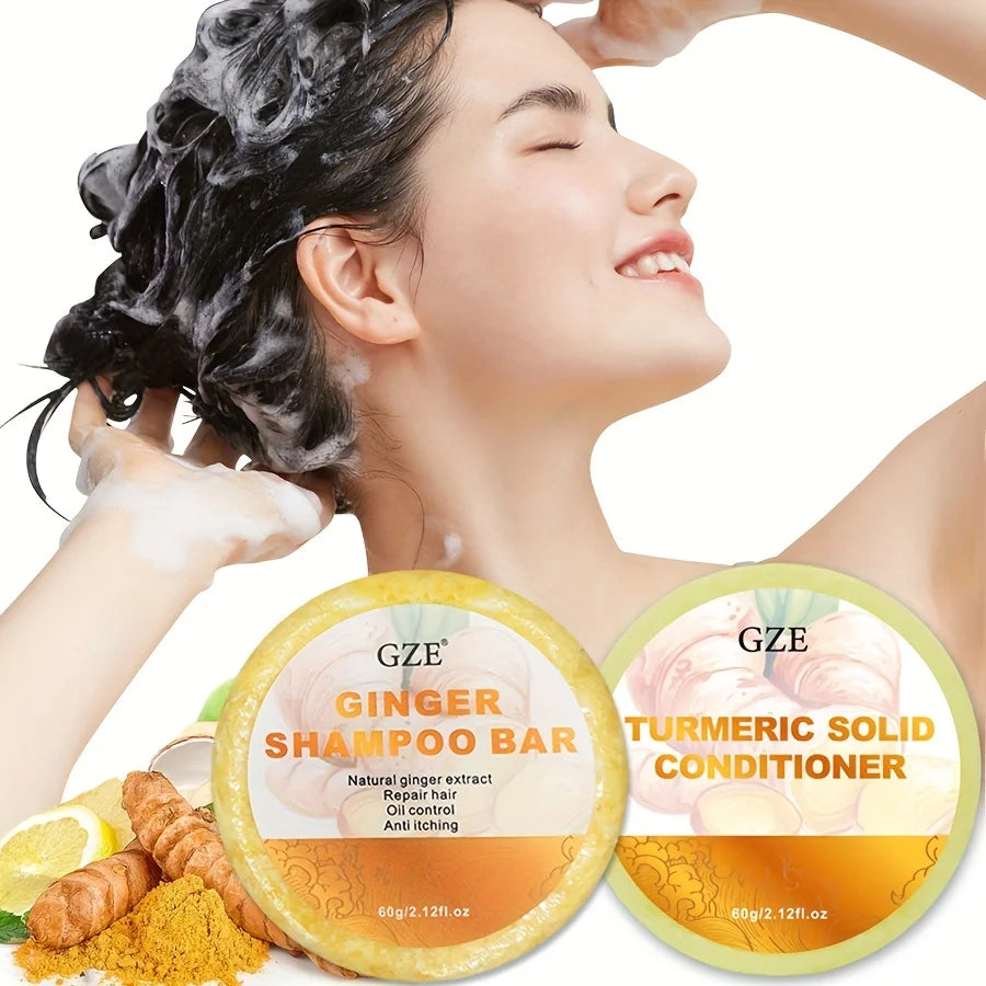 GZE Ginger Shampoo Bar Soap and Turmeric Solid Conditioner Hair Set for Thinning, Lock in Moisture & Shine and Control Frizz.