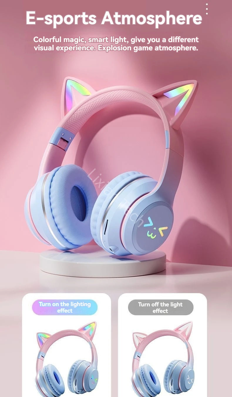 Flash Light Pink Cute Cat Ear Headphones Wireless Bluetooth Earphone Over-ear Noise Cancelling Folding Headset Girl Gift Earbuds