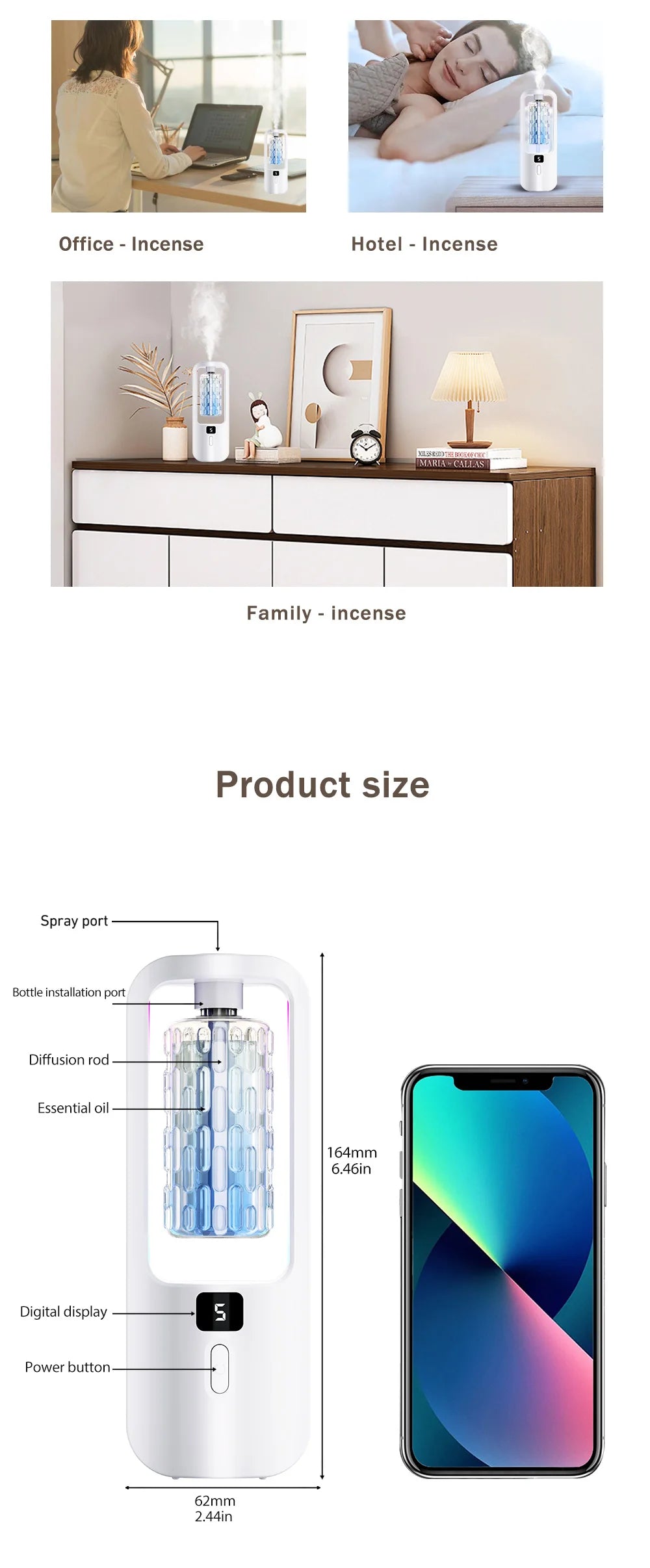 Automatic aromatherapy diffuser for eliminating odors, suitable for household use, with essential oil for air freshening.