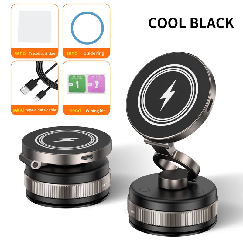 15W Metal Vacuum Suction Magnetic Wireless Charger Mount 360° Rotatable Compatible with  Smartphones, for Car Gym Bathroom Mirro