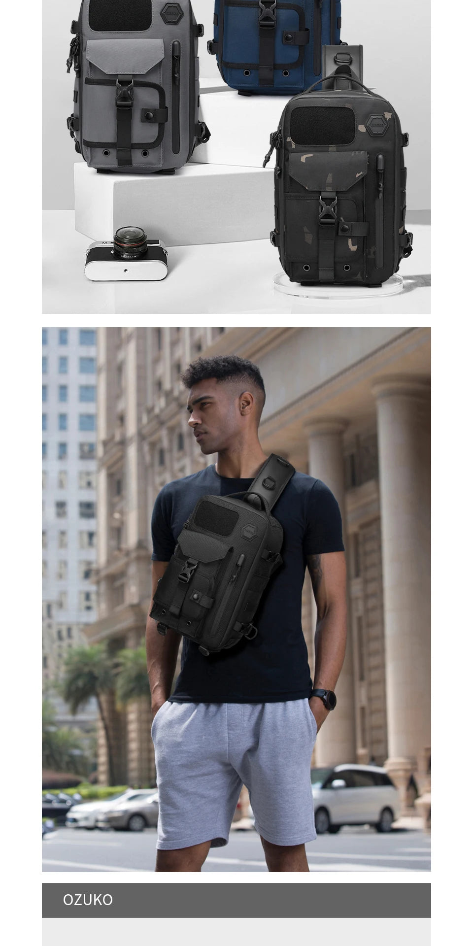 OZUKO Large Capacity Shoulder Bags for Male Waterproof Chest Bag Tactical Sling Messenger Bags Men Outdoor Sports Crossbody Bag