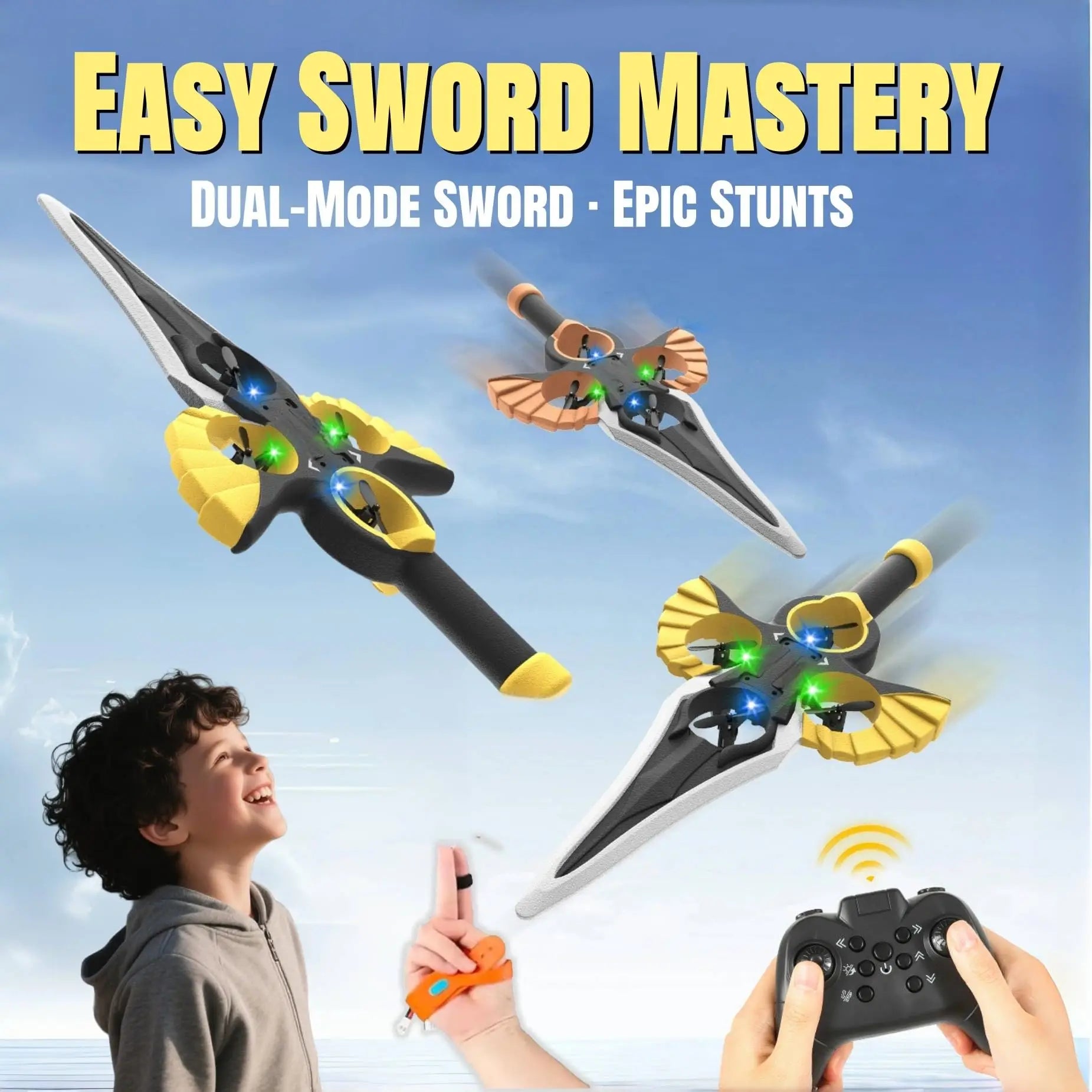 RC Flying Sword Glider Drone with Hand Wave & Controller Mode, 3-Speed Stunt Plane for Kids,Teens & Adults,LED Lights,Aerial Fun