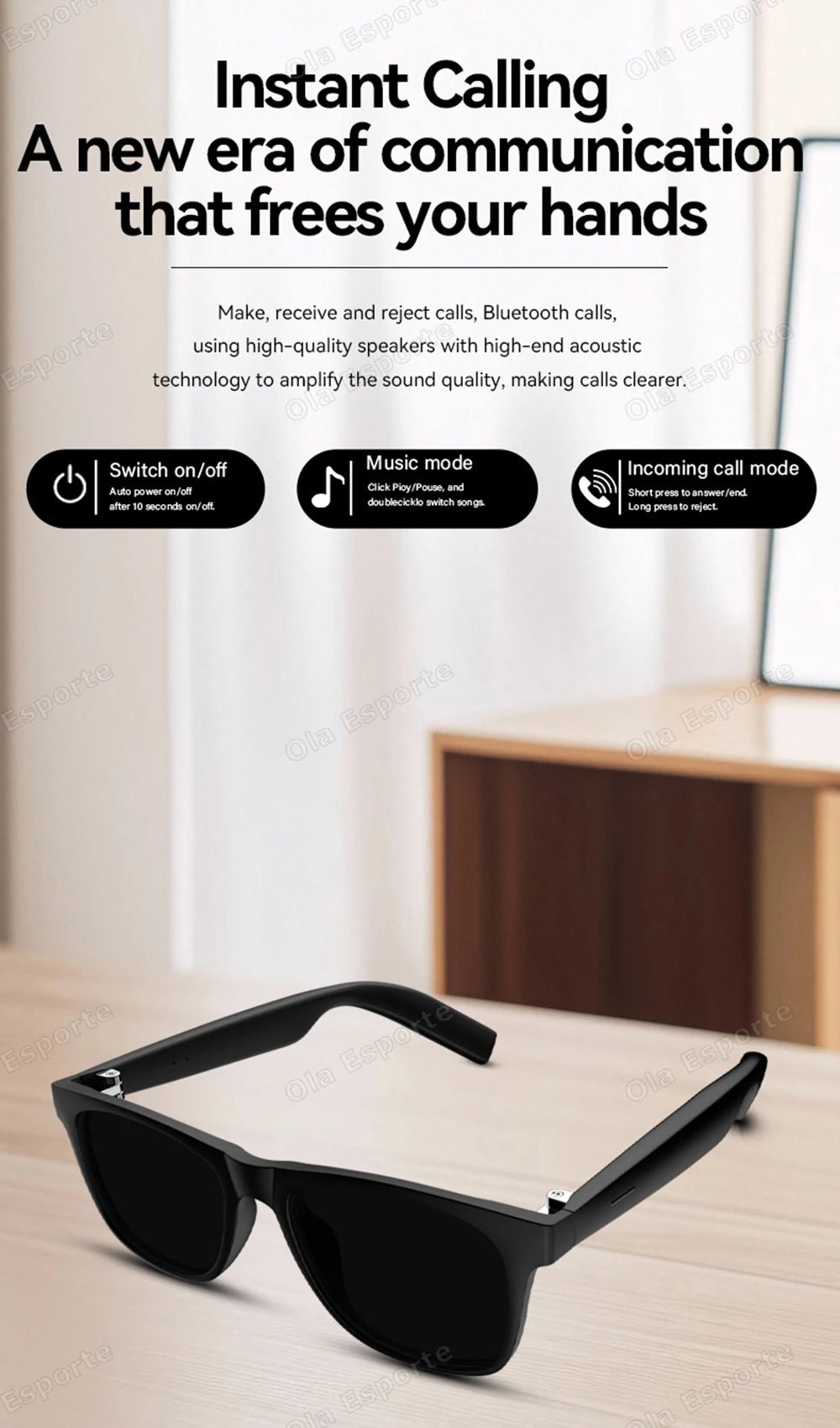 Ola Esporte New Smart Glasses Bluetooth Call Sunglasses Multi-functional Anti-Blue Light Sunglasses Wireless Headset Men Women